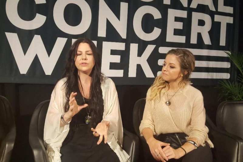 Amy Lee of Evanescence and Lindsey Stirling talked with reporters in New York on April 30 about touring together this summer. Photo by Karen Butler/UPI