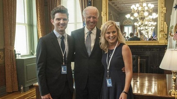 Adam Scott (left), Vice President Joe Biden, Amy Poehler. (NBC)