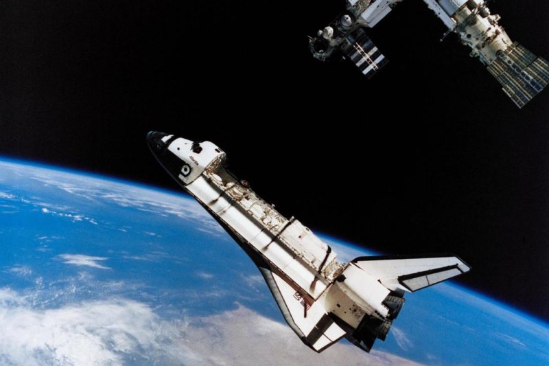 This view of the space shuttle Atlantis during its move away from Russia's Mir Space Station was photographed by the Mir-19 crew on July 4, 1995. Photo courtesy of NASA