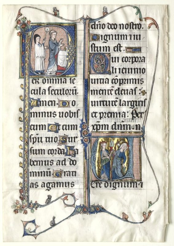 A Maine man bought a framed page for $75 from an estate sale and it turned out to be a piece of The Beauvais Missal, a manuscript written in Beauvais, France, in the late 13th century. Another page from the manuscript, shown here, is housed at the Cleveland Museum of Art. <a href="https://commons.wikimedia.org/wiki/File:France,_Beauvais,_late_13th-early_14th_Century_-_Leaf_from_a_Missal_with_Two_Historiated_Initials-_Initial_Per_omnia_saecul_-_1982.141_-_Cleveland_Museum_of_Art.tif#/media/File:France,_Beauvais,_late_13th-early_14th_Century_-_Leaf_from_a_Missal_with_Two_Historiated_Initials-_Initial_Per_omnia_saecul_-_1982.141_-_Cleveland_Museum_of_Art.tif">Photo courtesy of the Cleveland Museum of Art/Wikimedia Commons</a>
