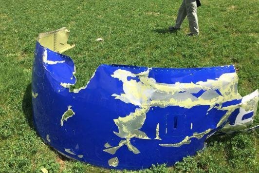 A piece of engine cowling from Southwest Airlines Flight 1380 was found in Bucks County, Pa. Photo courtesy NTSB/Twitter