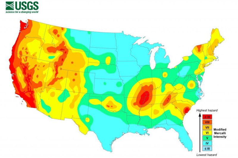 Map showing the intensity of potential earthquake ground shaking that has a 2 percent chance of occurring within 50 years. Ground shaking is triggered by the passage of seismic waves and is responsible for most property damage during an earthquake. Graphic courtesy of the U.S. Geological Survey