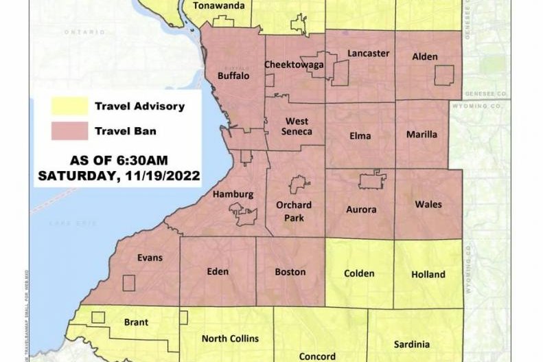 An updated map of travel restrictions was issued Saturday amid ongoing snowfall in Erie County, N.Y. Photo courtesy of Erie County/Twitter