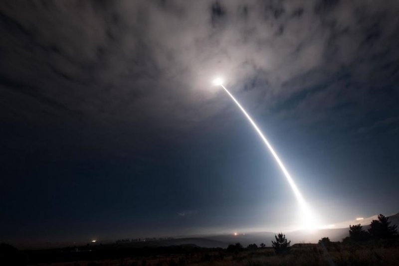 An unarmed Minuteman III intercontinental ballistic missile launches during an operational test at Vandenberg Air Force Base, Calif., in 2017. Photo by/Senior Airman Ian Dudley/U.S. Air Force/UPI