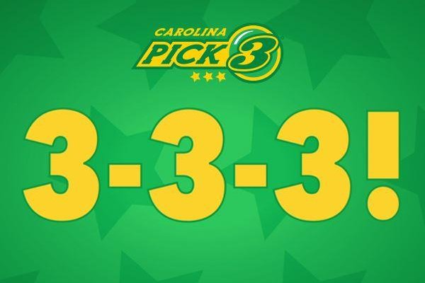 The North Carolina Education Lottery said&nbsp;12,406 tickets won top prizes in a Pick 3 drawing when the numbers came up 3-3-3. Image courtesy of the North Carolina Education Lottery