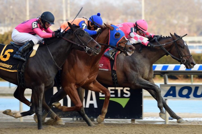 Tax (inside, pink cap) is a narrow winner in Saturday's Withers at Aqueduct, an important early Kentucky Derby Prep. Photo courtesy of Susie Raisher/NYRA