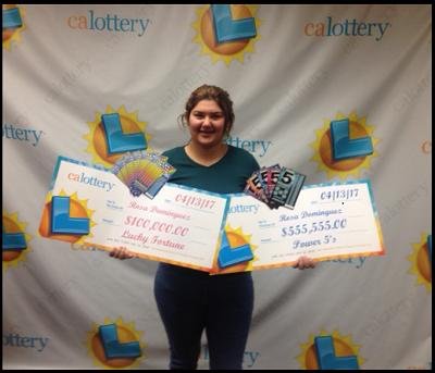 A 19-year-old California woman won a pair of lottery jackpots -- worth $555,555 and $100,000 -- within the space of a single week. Photo courtesy of the California Lottery