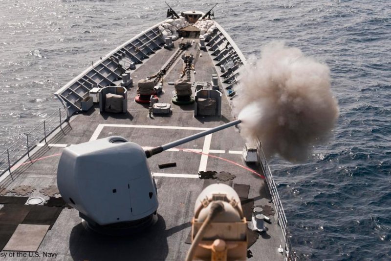 A U.S. Navy destroyer fires its MK 45 gun. U.S. Navy photo