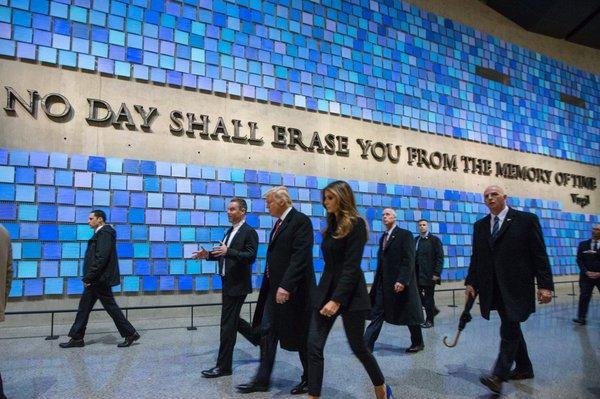 Republican presidential candidate Donald Trump, center, tours the September 11 Memorial & Museum in Manhattan on Saturday, as shown in the Trump campaign photo handout. Media was not allowed to come on the tour, which underscores his feud with rival Ted Cruz, who previously denigrated Trump's "New York values." Photo courtesy Trump presidential campaign