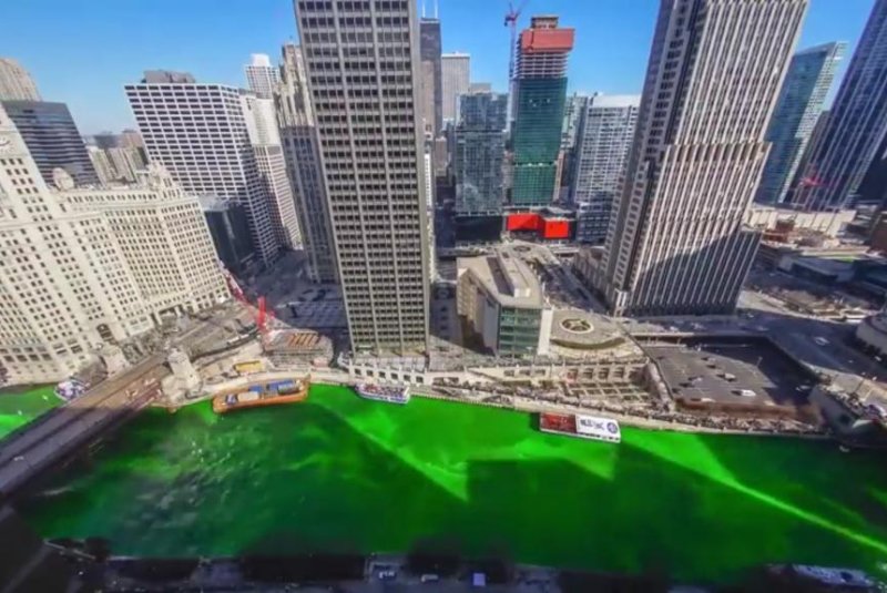 The Chicago River is dyed green for the city's annual St. Patrick's Day celebrations. Screenshot: Storyful