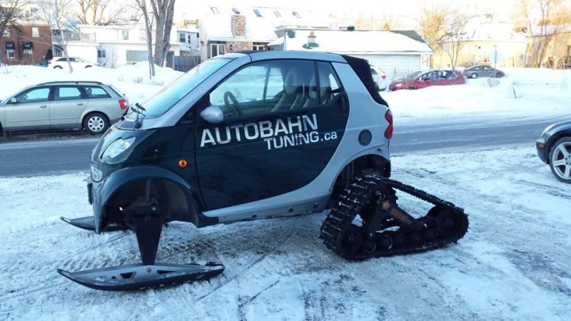 Canadian mechanic Todd Anderson put skis and snow tracks on a smart car to turn it into a snowmobile-like vehicle meant to traverse the country's snowy terrain. Photo by Autobahn Tuning Inc./Facebook