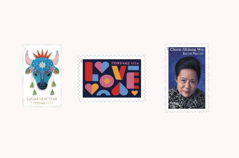 The U.S. Postal Service will release stamps marking the Year of the Ox, honoring physicist Chien-Shiung Wu and adding to its "Love" series in early 2021. Photos courtesy of USPS&nbsp;