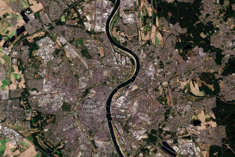 Germany's Rhine River is at record low levels due to hot temperatures and lack of rainfall, as seen in this satellite image. The low levels are threatening German freight shipping on Europe's second-largest river. Photo courtesy of <a href="https://www.esa.int/ESA_Multimedia/Images/2022/08/Rhine_river_runs_dry#.YvzDaccbdPA.link">European Space Agency</a>