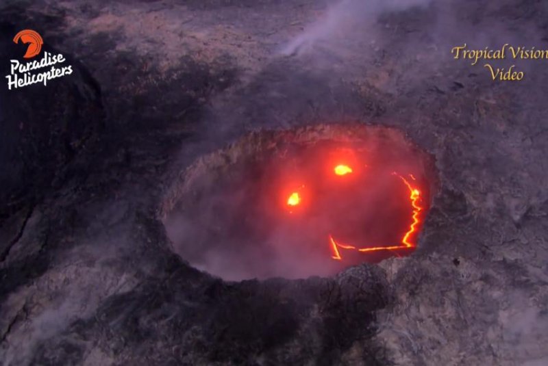 A lava lake in Hawaii's Kilauea volcano forms the shape of a "smiley face." Screenshot: Storyful