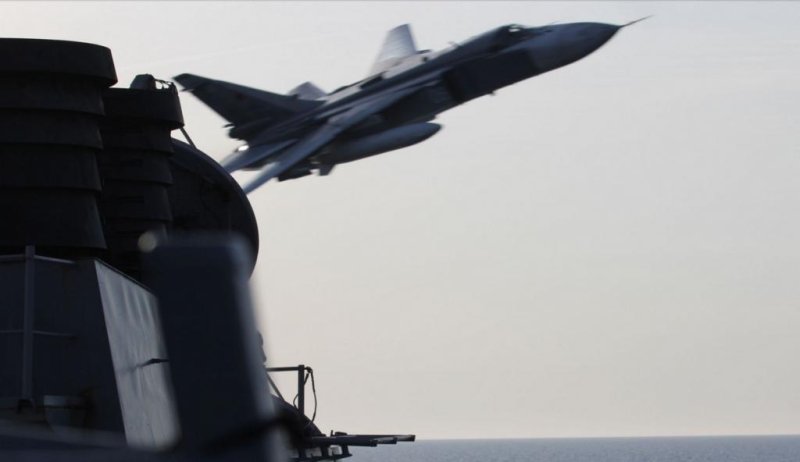 A Russian Sukhoi Su-24 attack aircraft makes a very-low altitude pass by the USS Donald Cook on Tuesday during maneuvers in international waters in the Baltic Sea. Russia defended its actions on Thursday, stating its warplanes acted in accordance to international law. The USS Donald Cook, an Arleigh Burke-class guided-missile destroyer, forward deployed to Rota, Spain, is conducting a routine patrol in the U.S. 6th Fleet area of operations in support of U.S. national security interests in Europe. Photo courtesy of U.S. Navy