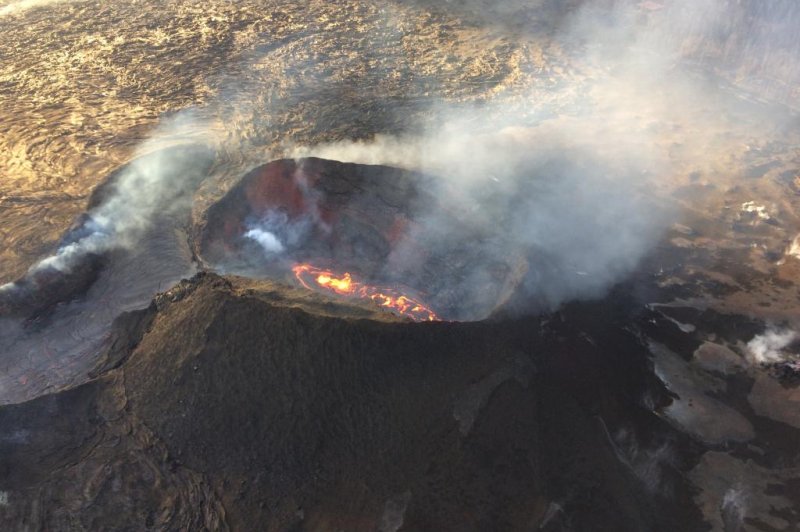 Geologists said that because of decreasing activity at Fissure 8, a dark crust has formed over lava in the vent. Photo courtesy of the U.S. Geological Survey