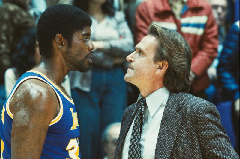 Magic Johnson (Quincy Isaiah, L) got fed up with coach Paul Westhead (Jason Segal). Photo courtesy of HBO