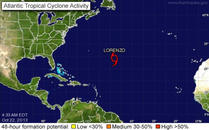 Tropical Storm Lorenzo churns in Atlantic Ocean