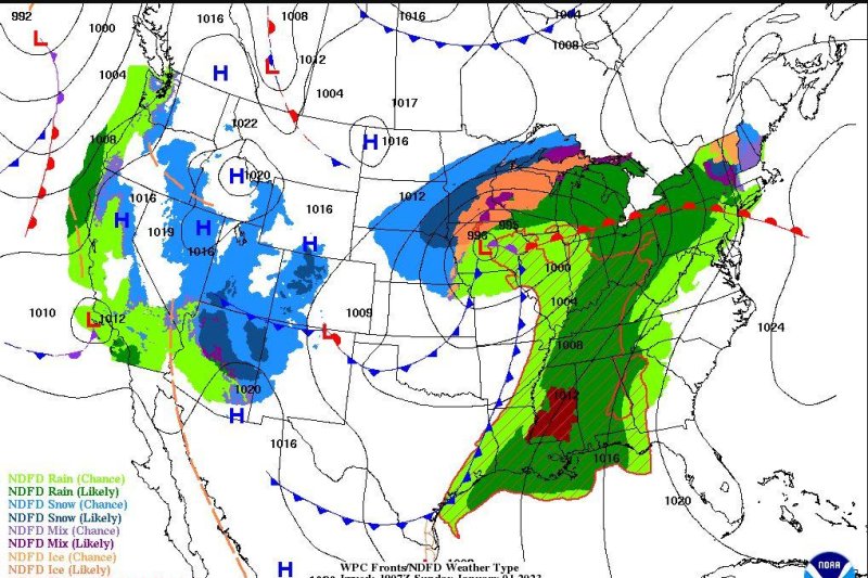 The National Weather Service's forecast for Tuesday includes rain in the southern United States.