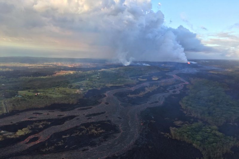 As lava hits the ocean water in Kapoho Bay it is creating what emergency officials are describing as "laze" -- a steam filled with tiny, dangerous pieces of glass that can cause skin, eye and lung irritation. Photo courtesy of the U.S. Geological Survey