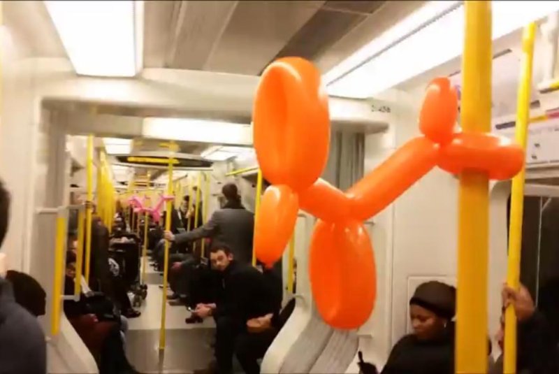 Balloon animals cover poles on the London Underground's Circle Line train. Newsflare video screenshot