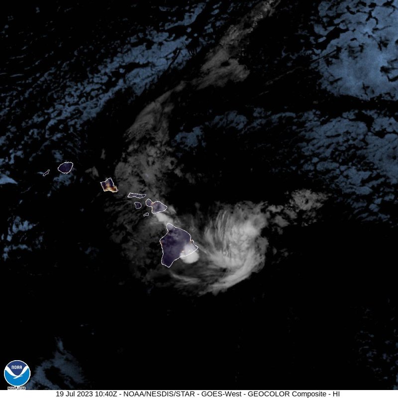 Tropical Storm Calvin reached the southern point of Hawaii's Big Island Wednesday as the National Hurricane Center warned that the impacts of the storm were "imminent or occurring." Photo courtesy NOAA