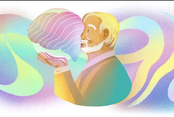 Mihály Csíkszentmihályi, who first tried to understand healing and joy after witnessing the horrors of World War II, is depicted in the artwork as exhaling and watching his breath cycle through the pastel-colored letters of the word "Google." Image courtesy of Google
