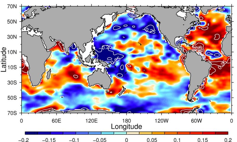 Surface salinity changes for 1950 to 2000. Red indicates regions becoming saltier, and blue regions becoming fresher. Credit: Paul Durack/LLNL.