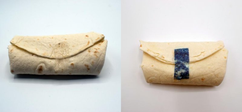 Students at Johns Hopkins University in Maryland invented an edible "Tastee Tape" designed to keep burritos and similar foods from spilling their contents during mealtime. The tape is clear, but blue dye was added to the image on the right for illustrative purposes. Photo courtesy of the Tastee Tape Team/Johns Hopkins University