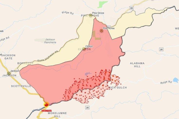 A map showing communities being threatened Tuesday afternoon by the Electra Fire in Amador County, Calif., which temporarily trapped around 100 people Monday evening. Image by Amador County Sheriff's Office/Facebook