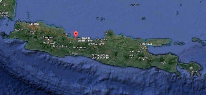 A dozen people are dead after getting stuck in a 13-mile traffic jam in Brebes, Indonesia over the past three days. Photo by Google Maps