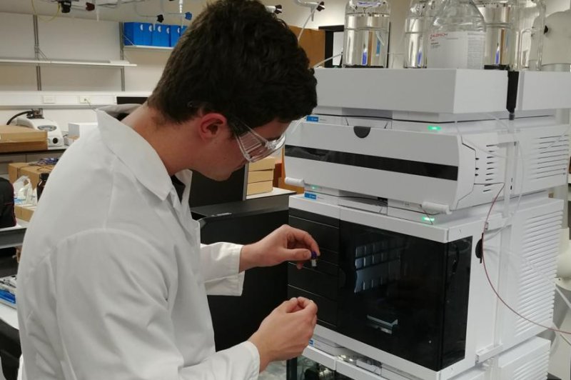 Lake Superior State University junior Justin Blaylock works with chemical analysis equipment as part of the cannabis analytical chemistry degree offered by the university. Photo courtesy of&nbsp;Lake Superior State University