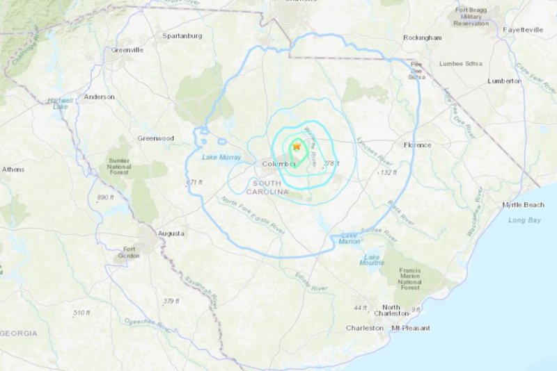 The relatively minor earthquake struck on Wednesday, near Elgin, S.C. The state usually experiences a handful of earthquakes each year that are strong enough to be felt at the surface. Image courtesy U.S. Geological Survey