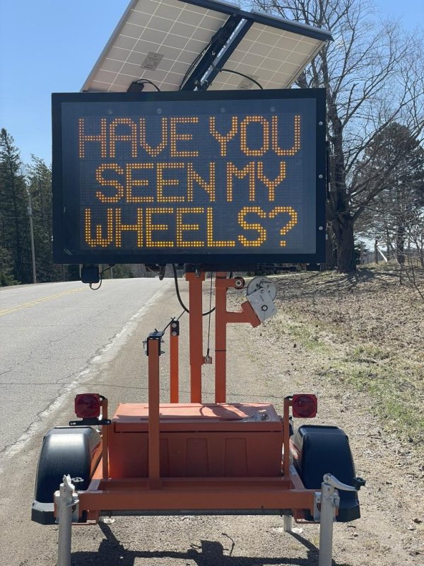 'Have you seen my wheels?' Tires taken from digital sign on Ontario road