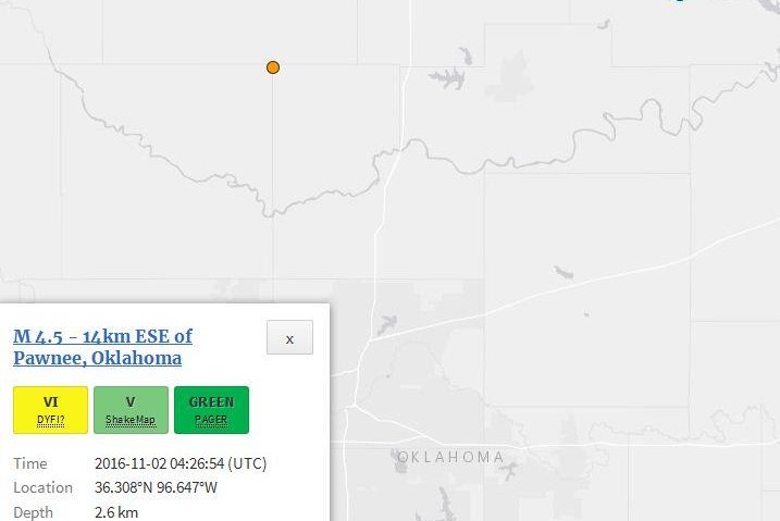 A string of seismic events strikes shale-rich Oklahoma over the latest 24 hours. The strongest earthquake was near the town of Pawnee. Image courtesy of the U.S. Geological Survey.