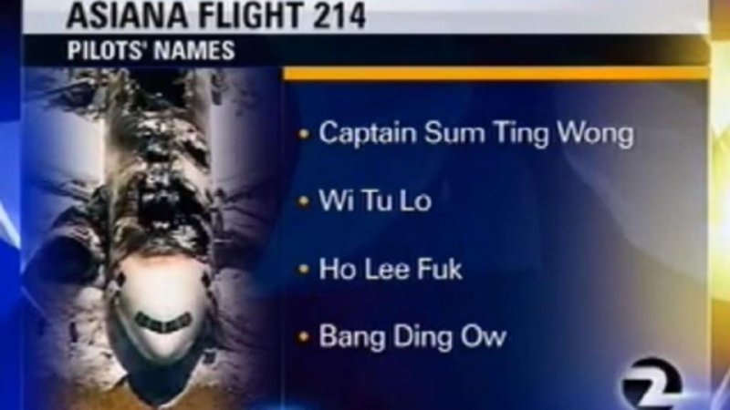 San Jose news station KTVU aired a list of names they said belonged to the Asiana 214 flight crew, but the mock Asian stereotype names, including Captain Sum Ting Wong, were obviously fake. The station apologized for the mistake. (Screenshot via KTVU)