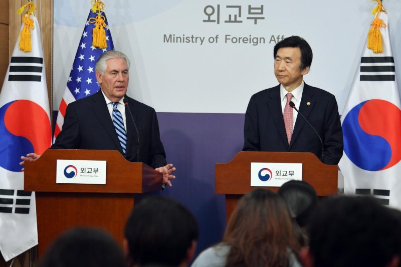 Speaking with South Korean Foreign Minister Yun Byung-se (R) at a joint press conference in Seoul on Friday, U.S. Secretary of State Rex Tillerson said military conflict should be avoided but North Korea threats will be met with an "appropriate response." Photo courtesy of Song Kyung-seok Pool/EPA