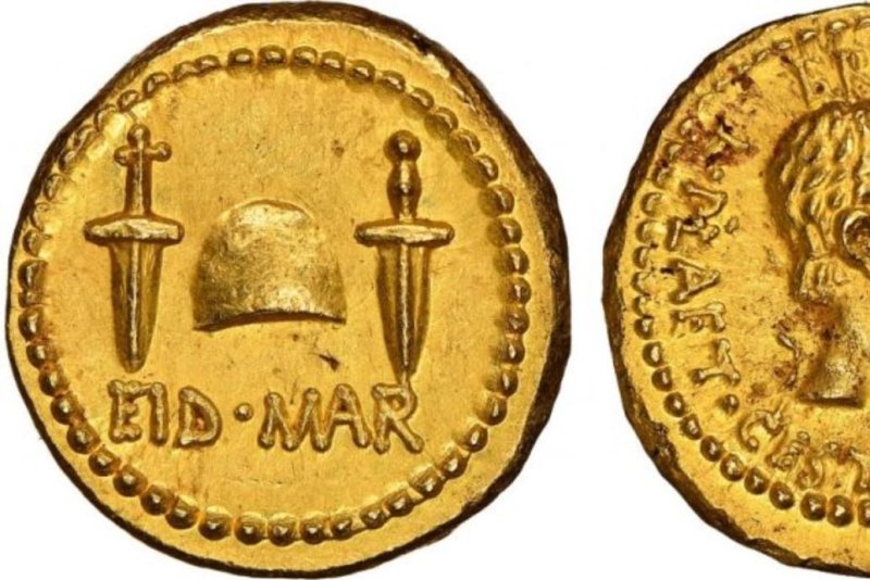 A gold coin commemorating the assassination of Julius Caesar, minted just two years after the death of the Roman leader, fetched a record-breaking high bid of $3.5 million at an auction in Britain. File Photo courtesy of the Numismatic Guaranty Corp.