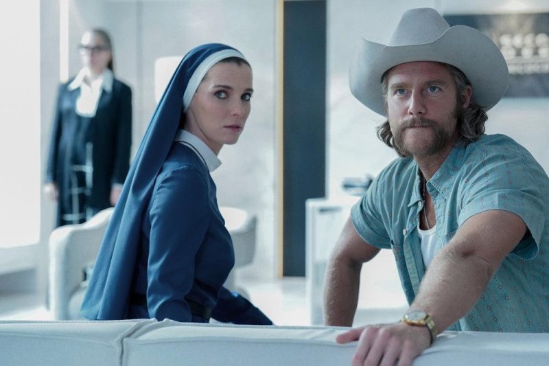 Betty Gilpin and Jake McDorman star in "Mrs. Davis." Photo courtesy of Peacock