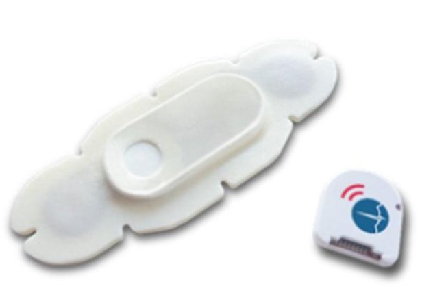 A new monitoring device, consisting of a disposable sensor patch with a disposable battery and a reusable sensor electronics module, may help track health of heart failure patients. Photo courtesy of Vital Connect Inc.