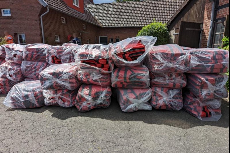 Seized life jackets from a multi-jurisdiction raid in Europe Tuesday aimed at a criminal organization believed responsible for smuggling 10,000 migrants into Europe, which also resulted in 39 arrests. Photo by National Crime Agency/Twitter