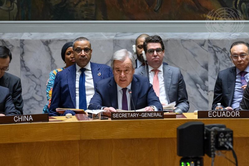 U.N. Secretary-General António Guterres addresses the Security Council meeting on Friday during its debate over a resolution calling for an immediate humanitarian cease-fire in Gaza. The resolution failed due to a veto by the United States. UN Photo/Loey Felipe
