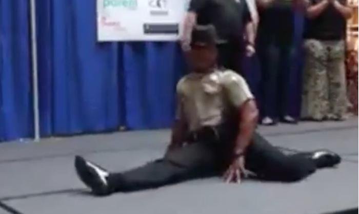 A police officer capped off his performance of Beyonce's "Formation" by performing a split, which drew applause from the crowd. Screen capture/mrldavis/Instagram