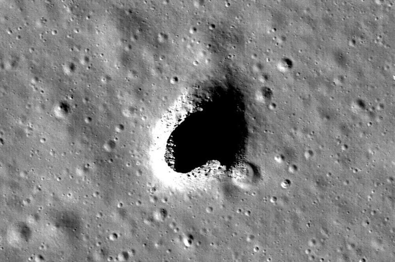 Thanks to a new study, scientists now know the Marius Hills Skylight is the entrance to a large lava tube snaking beneath the lunar surface. Photo by NASA/Goddard/Arizona State University
