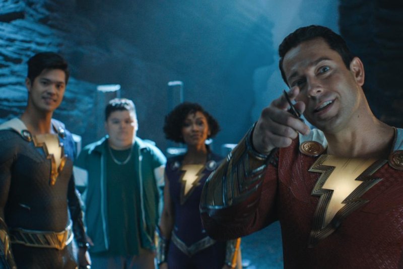From left, Ross Butler, Jovan Armand, Meagan Good, Zachary Levi and Grace Caroline Currey star in "Shazam! Fury of the Gods." Photo courtesy of Warner Bros. Pictures