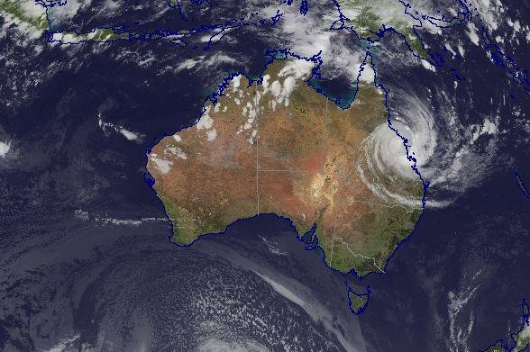 Tropical Cyclone Debbie, a Category 2 storm system with 68 mph sustained winds, made landfall at midday on Tuesday near northeast Australia's Airlie Beach, Australia's Bureau of Meteorology said. Debbie is expected weaken as it moves further inland in a southwest direction. Officials fear deaths could occur due to the storm amid reports of severe damage to homes. Photo courtesy of Bureau of Meteorology