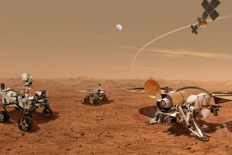 An illustration showing a concept for a set of future NASA robots working together to ferry back samples from the surface of Mars collected by NASA's Mars Perseverance rover. Photo courtesy of NASA/ESA/JPL-Caltech