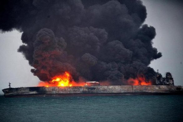 The extent of environmental damage from the burning Iranian oil tanker Sanchi, seen here sinking off the coast of China, could be severe. Photo by Xinhua News Agency