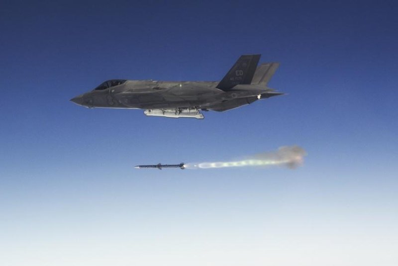 An Edwards AFB F-35A Lightning II fires an AIM-120 Advanced Medium-Range Air-to-Air Missile as part of Weapons Delivery Accuracy testing. Photo by Chad Bellay/Lockheed Martin