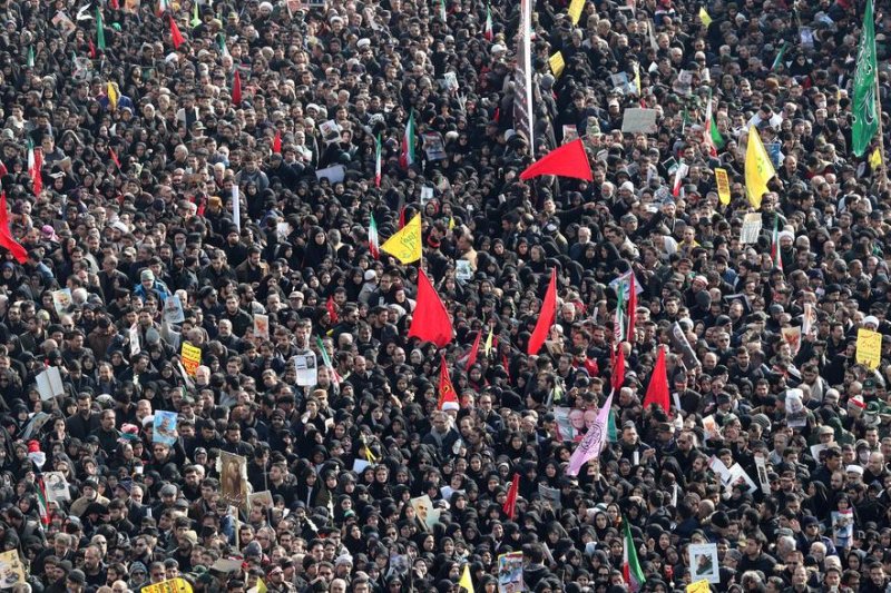 A crowd described as being in the millions attended the funeral ceremony of slain Iranian Revolutionary Guards Corps commander Qassem Soleimani Monday in Tehran. Photo by Abedin Taherkenareh/EPA-EFE